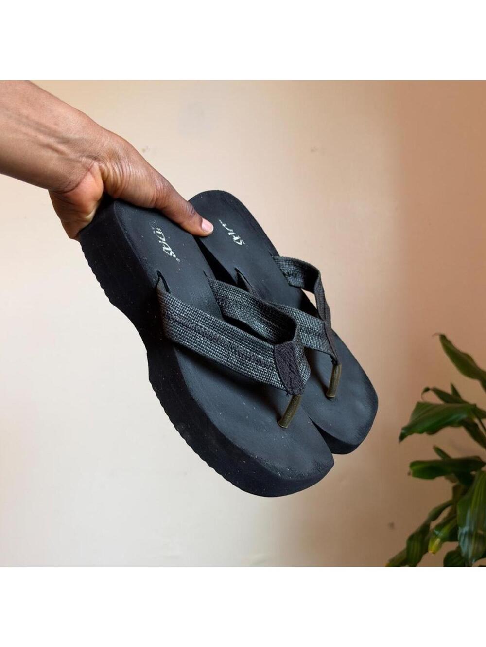 Y2K Black Chunky Platform Flip Flops Woven Wedge Sandals Fits like US 7